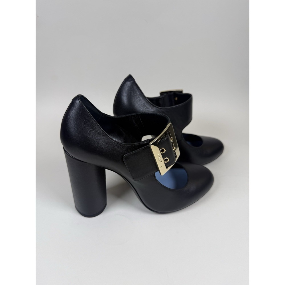 NIB Lanvin Paris Black Leather Mary Jane Block Heel Pumps Gold Buckle US 8 EU 38